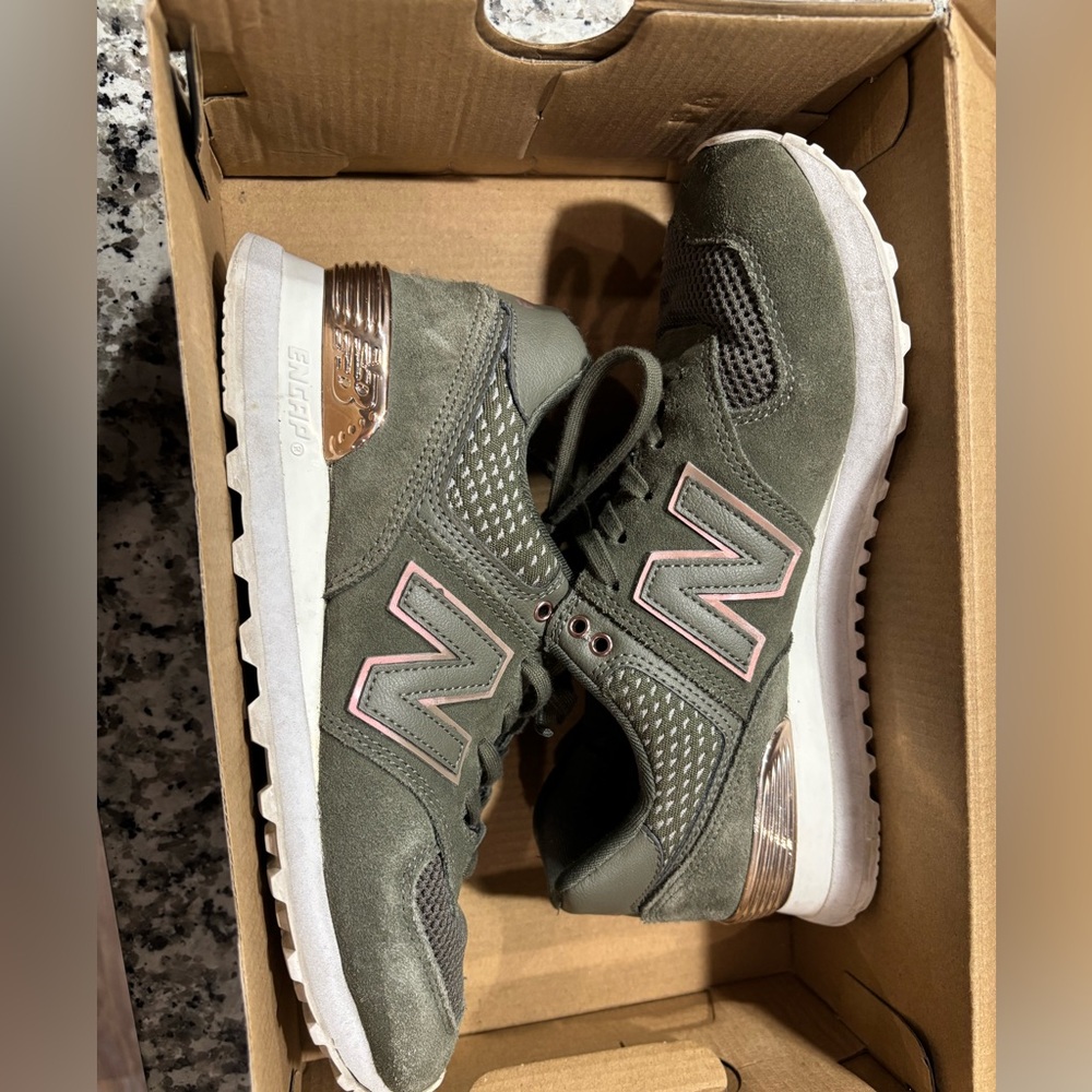 New Balance Classic 574 style Athletic Sneakers in Sage
Green with Pink Accents